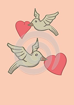 Two Birds Holding Heart Shape in Beaks and Flying in Air