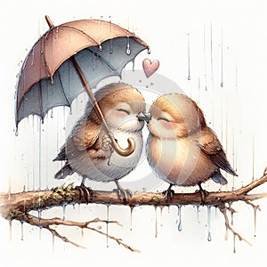 Two birds are kissing each other under an umbrella