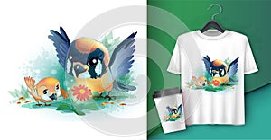 Two birds look at a flower. Poster and merchandising. Cute birds cartoon character vector illustration. Can be used for print