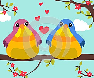 Two birds in love sitting on a branch. Stylish card for Valentine day