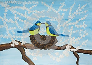 Two birds on nest with white flowers on blue watercolor painting