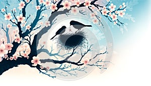 Two Birds Nesting Among Cherry Blossoms