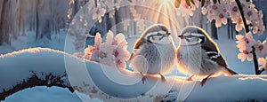 Two birds perch on a snow-dusted branch at sunrise. Blossoms frame the feathered duo basking in the dawn's golden