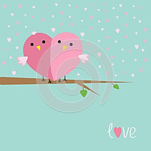 Two birds in shape of half heart sitting on the tree Love cart Flat design style