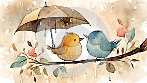 Two birds sitting on a branch under an umbrella