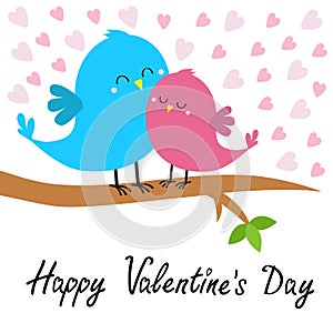 Two birds sitting on the tree branch. Bird hugging. Happy Valentines day. Pink heart set. Love card. Cute cartoon kawaii funny