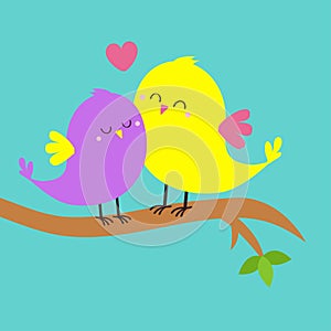 Two birds sitting on the tree branch. Bird hugging set. Happy Valentines day. Pink heart. Cute cartoon kawaii funny baby character