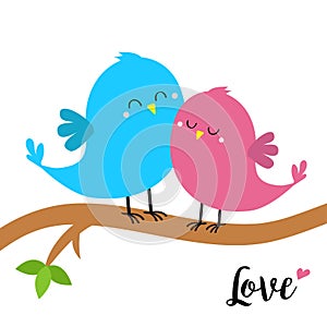 Two birds sitting on the tree branch. Word Love. Bird hugging set. Happy Valentines day. Pink heart. Cute cartoon kawaii funny