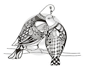 Two birds are sitting on a tree branch, zentangle stylized pigeons, vector, illustration, freehand pencil, love