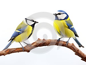 Two birds tit and blue tit flying isolated on white background in various poses and types