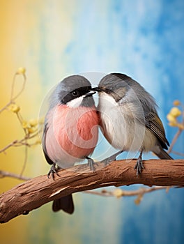 Two birds touching beaks on a branch. The concept of affection and bonding in nature.