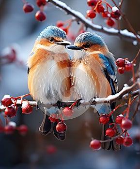 Two Birds on a Tree Branch in Cold Winter Day. AI generated Illustration