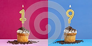 Two birthday cupcakes with the number 1 and 9 - Blue and pink background