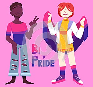 Two bisexual people  bi pride. Woman holding flag