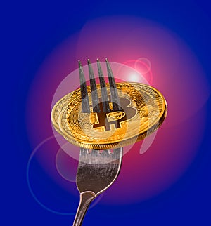 Two bitcoin macro image on fork to illustrate new blockchain