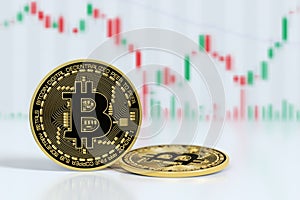 Two bitcoins with business chart