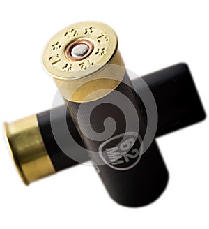 Two black 12 gauge hunting cartridges isolated