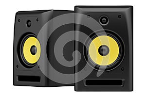 Two black audio speakers isolated on white