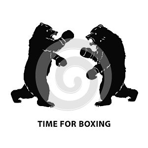 Two black bears fighting. Silhouettes of a wild animals in Boxing gloves. Growling beasts. Art design for sport event. Vector illu