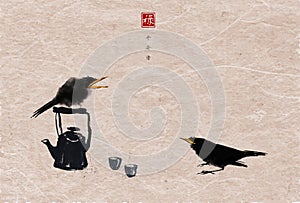 Two black birds and old teapot on vintage rice paper background. Oriental tea ceremony. Traditional oriental ink