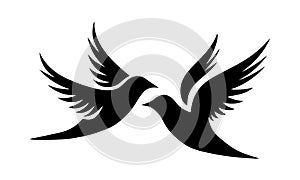 Two black birds silhouette, dove of peace. Symbol sign - geopolitics theme. Black pigeons silhouette, isolated on white