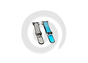 Two black and blue soft silicone straps with breathable air-holes design isolated on white background