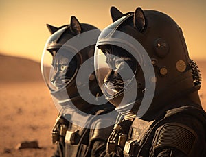 Two black cats astronauts with helmets on the surface of a desert
