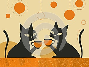 Two black cats drink coffee and gossip. Flat illustration for cafe and bar 4:3
