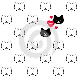 Two black cats in love. Funny Vector seamless pattern with smiling cats faces and red heart with inscription 