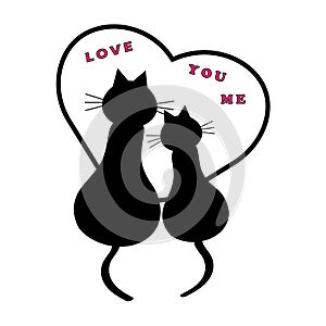 two black cats in love with heart. Vector illustration
