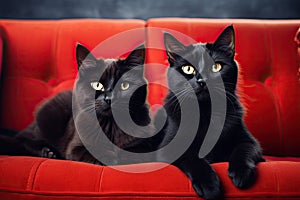 Two black cats sitting on red sofa and looking at the camera, Cute red cat and black cat lying on sofa, closeup, AI Generated