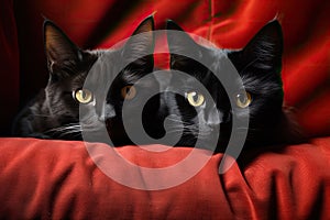 Two black cats with yellow eyes on red background, close-up, Cute red cat and black cat lying on sofa, closeup, AI Generated