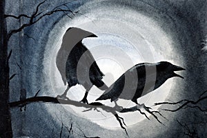 Two black crows on a branch