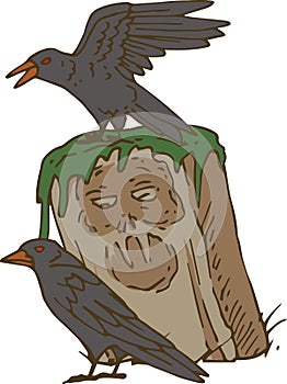 Two Black Crows and Old Gravestone