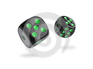 Two black dice in air on white background