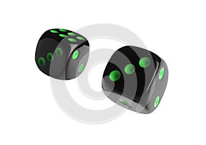 Two black dice in air on white background