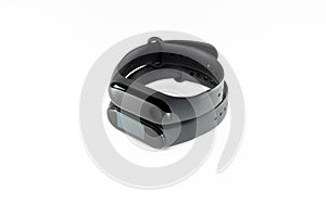 Two black fitness bracelets on a white background