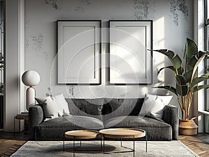 Two black frames mockup in bright interior with gray sofa, plants and coffee tables