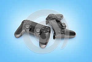 Two black gamepads isolated on blue gradient background 3d rendering