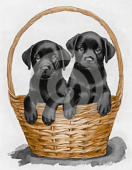 two black Labrador puppies in basket