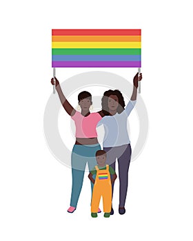 Two black LGBT family women and baby holding a rainbow flag over their heads. Happy Pride month. vector illustration