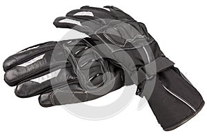 Two black motorcycle gloves in white isolated background