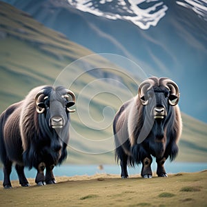 The two black musk oxen are in front of the mountain.