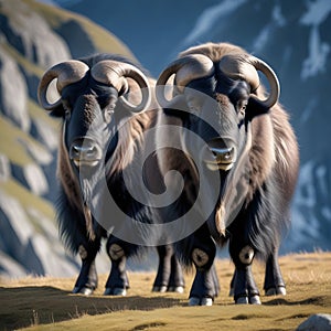 The two black musk oxen are in front of the mountain.