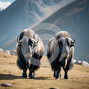 The two black musk oxen are in front of the mountain.