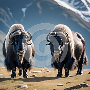 The two black musk oxen are in front of the mountain.