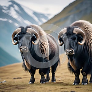 The two black musk oxen are in front of the mountain.