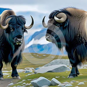 The two black musk oxen are in front of the mountain.