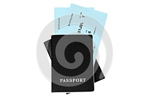 Two black passports, blue boarding pass, flight tickets white background isolated close up top view, airplane travel, holidays