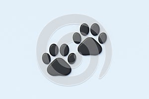 Two black pet footprints. Cat or dog footprint. Animal care. Grooming service. Puppy or kitten track. Wildlife rescue. Top view.